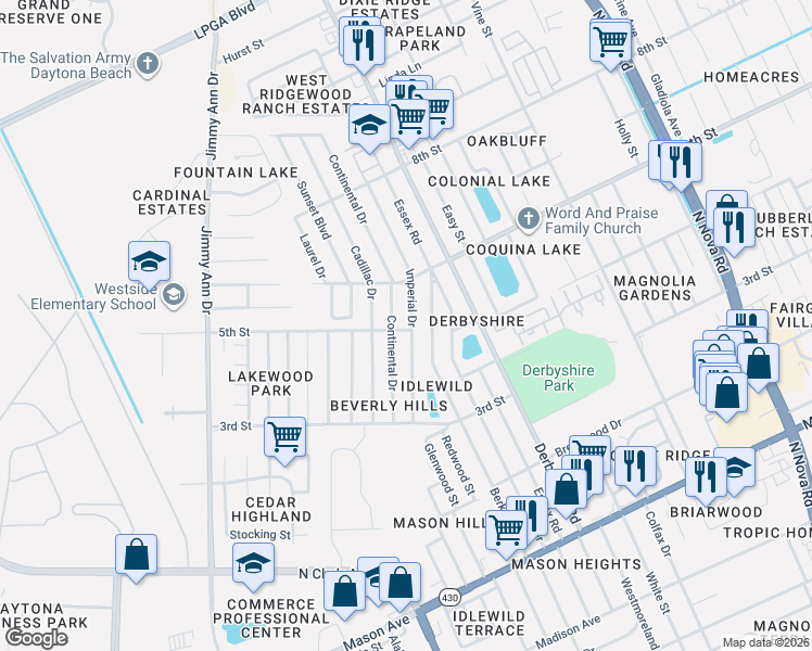map of restaurants, bars, coffee shops, grocery stores, and more near 1065 Continental Drive in Daytona Beach
