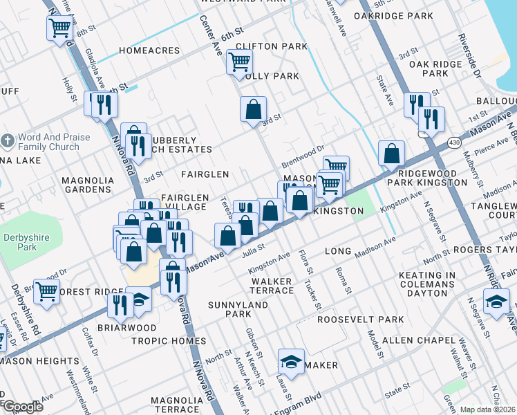 map of restaurants, bars, coffee shops, grocery stores, and more near 112 Edwards Street in Daytona Beach