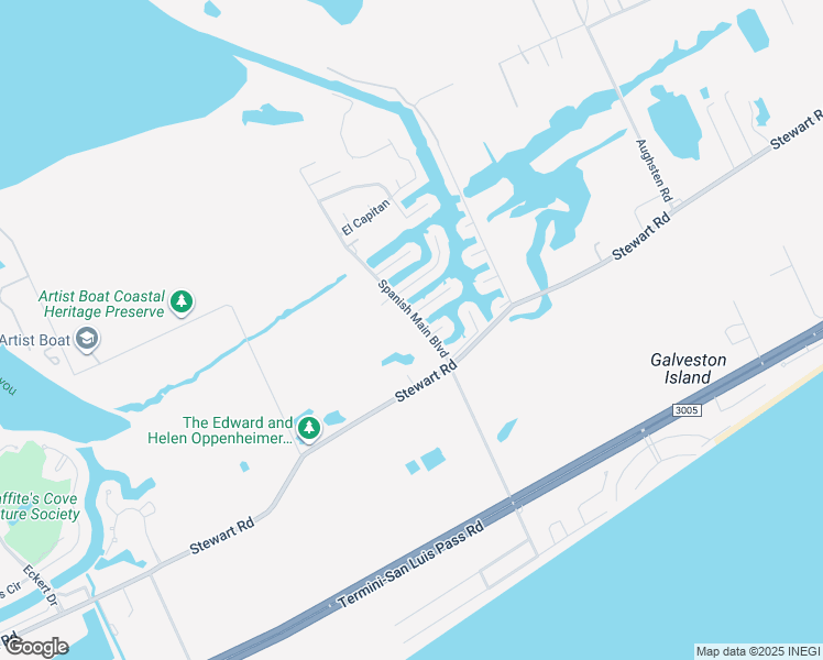 map of restaurants, bars, coffee shops, grocery stores, and more near 4215 Spanish Main Boulevard in Galveston