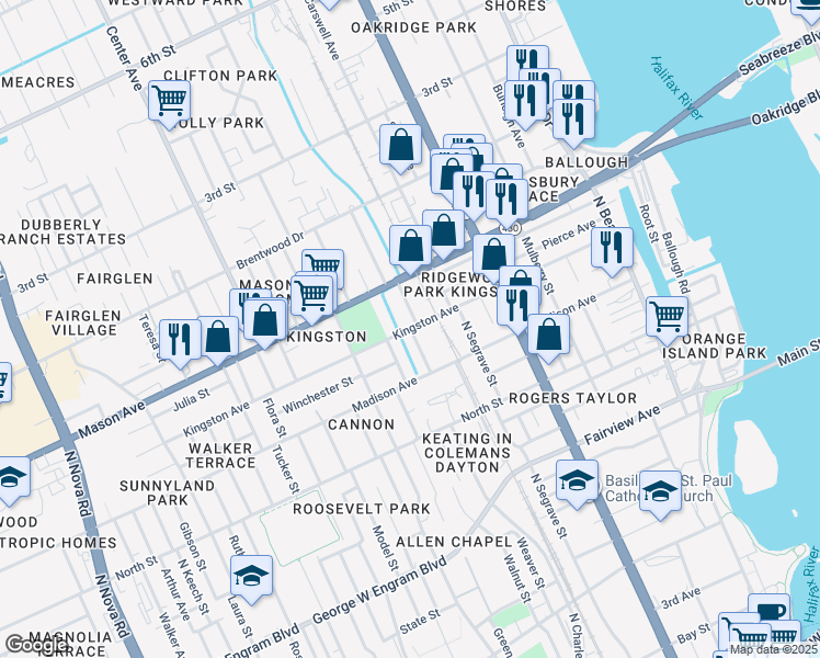 map of restaurants, bars, coffee shops, grocery stores, and more near 799 Flanders Avenue in Daytona Beach