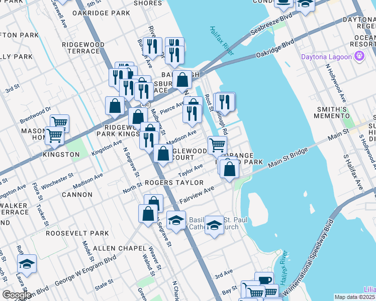 map of restaurants, bars, coffee shops, grocery stores, and more near 615 Mulberry Street in Daytona Beach