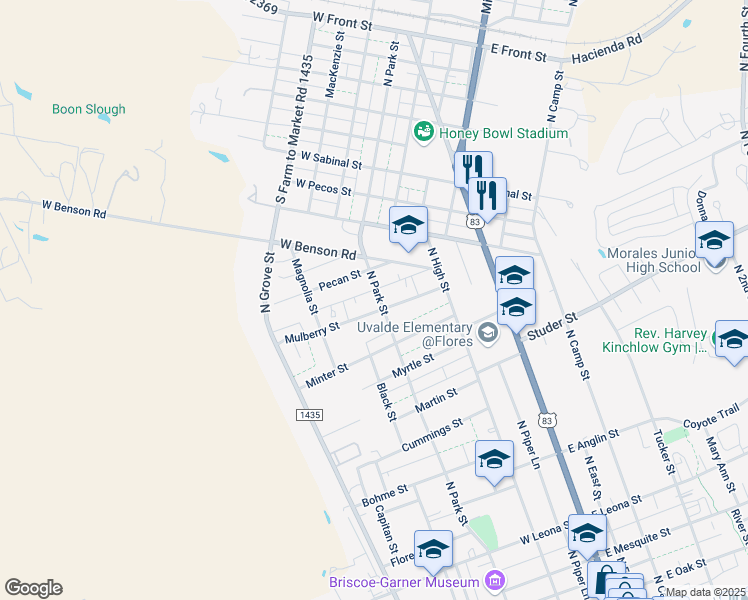 map of restaurants, bars, coffee shops, grocery stores, and more near 338 Mulberry Street in Uvalde