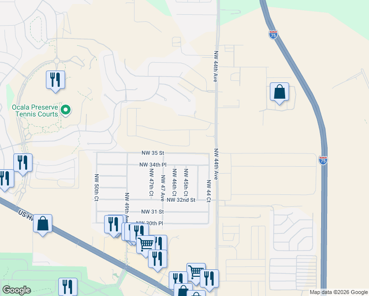 map of restaurants, bars, coffee shops, grocery stores, and more near 4600 Northwest 35 Street in Ocala