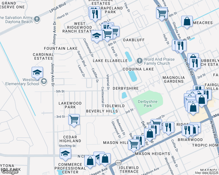 map of restaurants, bars, coffee shops, grocery stores, and more near 1057 Berkshire Road in Daytona Beach