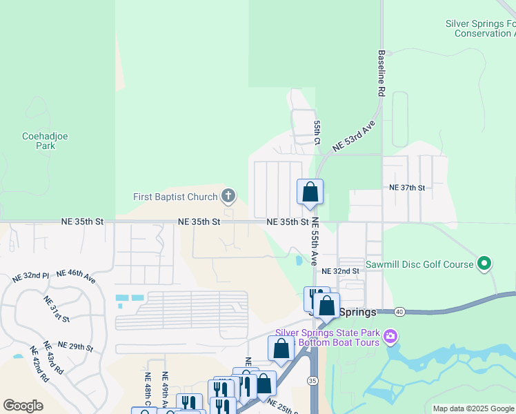 map of restaurants, bars, coffee shops, grocery stores, and more near 5431 Northeast 35th Street in Silver Springs
