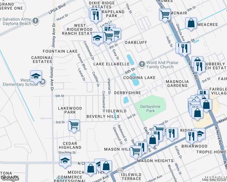 map of restaurants, bars, coffee shops, grocery stores, and more near 1129 Berkshire Road in Daytona Beach
