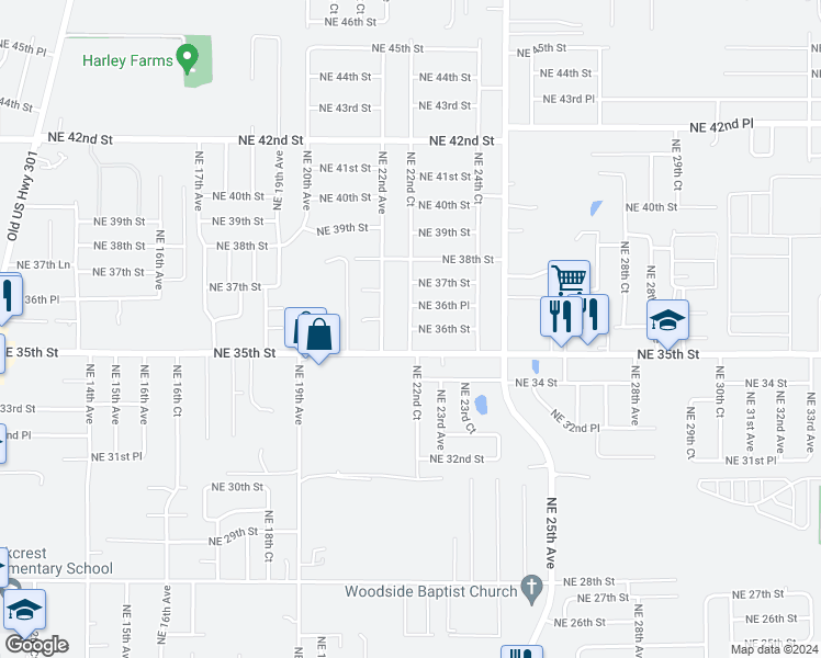 map of restaurants, bars, coffee shops, grocery stores, and more near 3601 Northeast 22nd Court in Ocala