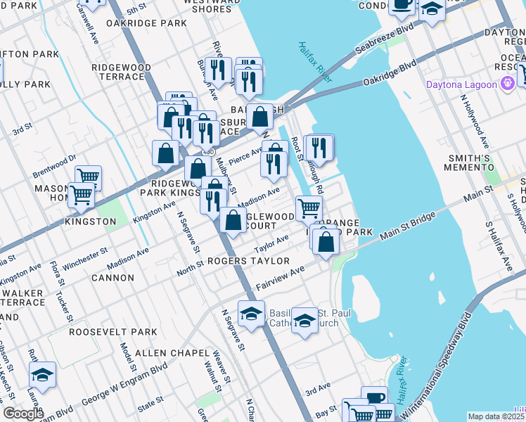 map of restaurants, bars, coffee shops, grocery stores, and more near 635 Tanglewood Street in Daytona Beach
