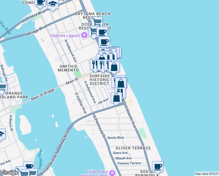 map of restaurants, bars, coffee shops, grocery stores, and more near 108 South Atlantic Avenue in Daytona Beach