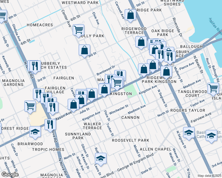 map of restaurants, bars, coffee shops, grocery stores, and more near 102 Hibiscus Drive in Daytona Beach