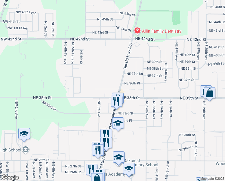 map of restaurants, bars, coffee shops, grocery stores, and more near 1020 Northeast 36th Street in Ocala