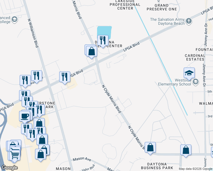 map of restaurants, bars, coffee shops, grocery stores, and more near 1381 North Clyde Morris Boulevard in Daytona Beach