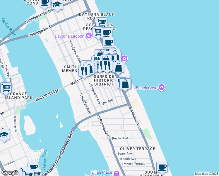 map of restaurants, bars, coffee shops, grocery stores, and more near 611 Harvey Avenue in Daytona Beach