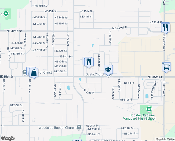 map of restaurants, bars, coffee shops, grocery stores, and more near 2659 Northeast 35th Street in Ocala