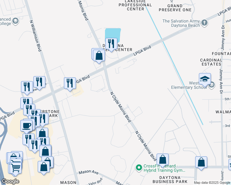 map of restaurants, bars, coffee shops, grocery stores, and more near 1381 North Clyde Morris Boulevard in Daytona Beach