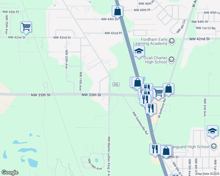 map of restaurants, bars, coffee shops, grocery stores, and more near 3601 Northwest 16th Avenue in Ocala