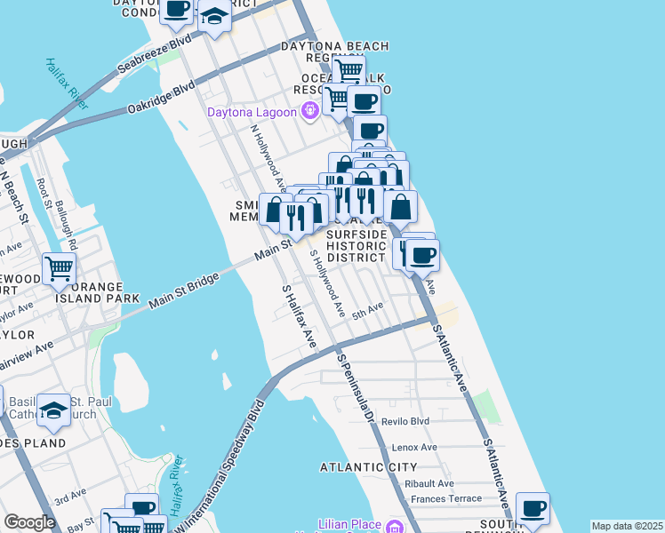 map of restaurants, bars, coffee shops, grocery stores, and more near 37 South Oleander Avenue in Daytona Beach