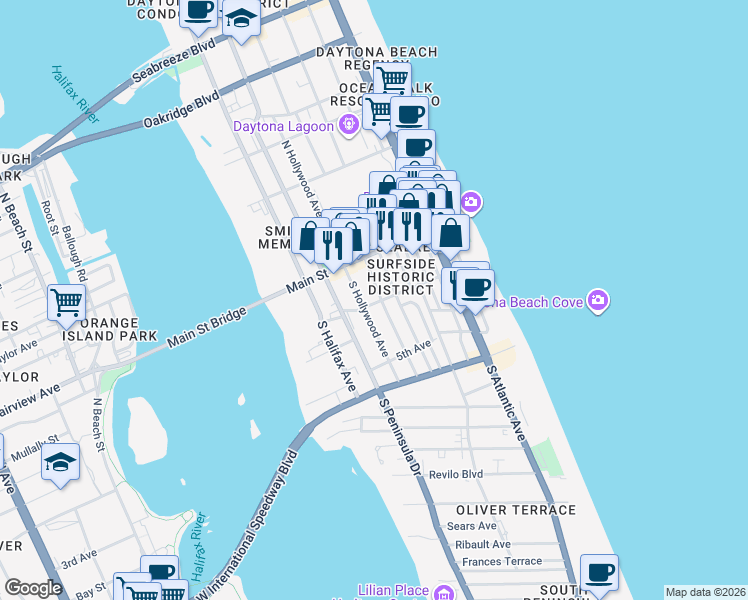 map of restaurants, bars, coffee shops, grocery stores, and more near 37 South Oleander Avenue in Daytona Beach