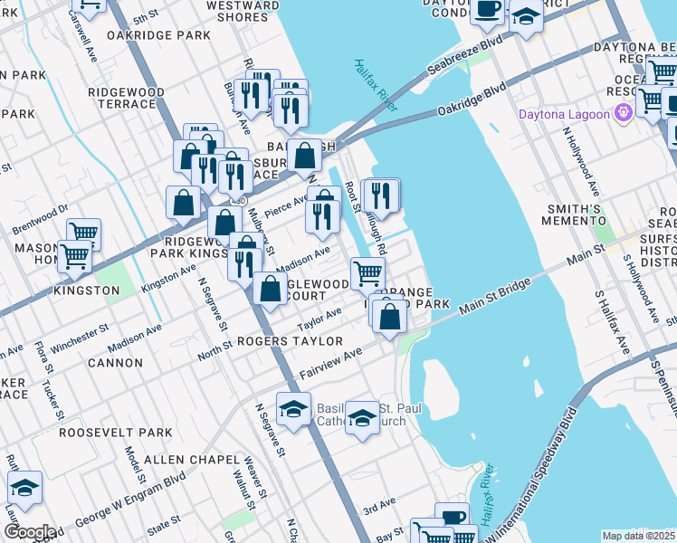 map of restaurants, bars, coffee shops, grocery stores, and more near 126 Beach Manor Court in Daytona Beach