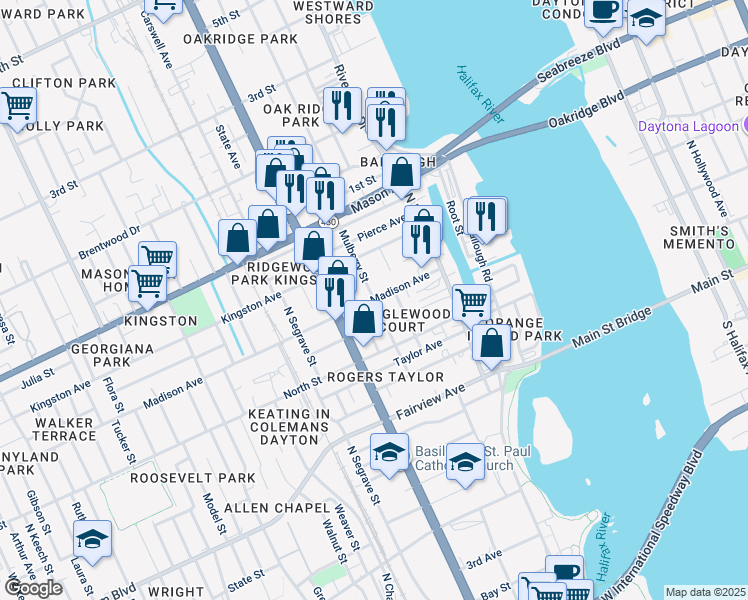 map of restaurants, bars, coffee shops, grocery stores, and more near 720 Mulberry Street in Daytona Beach