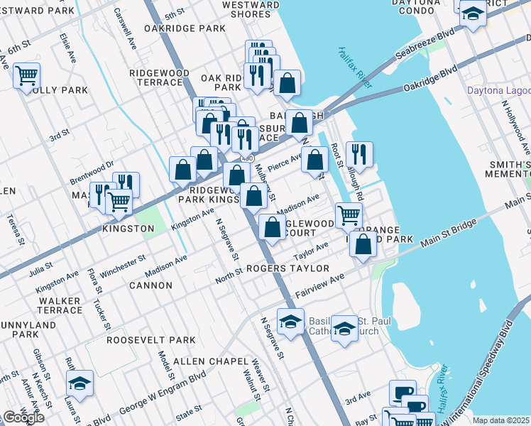 map of restaurants, bars, coffee shops, grocery stores, and more near 212 Madison Avenue in Daytona Beach