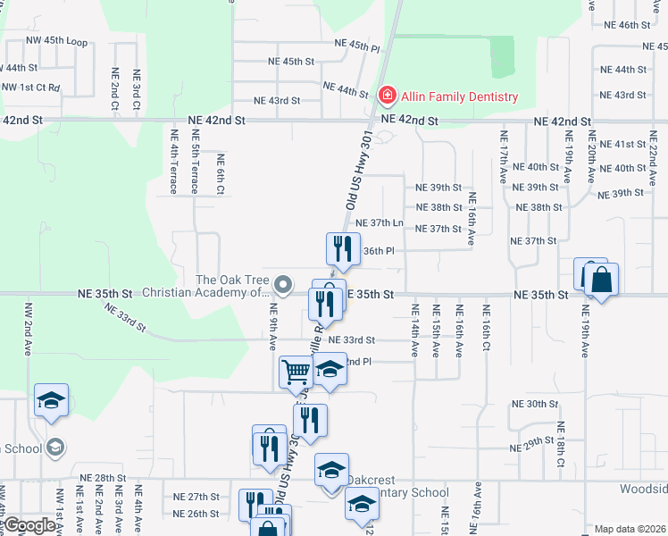 map of restaurants, bars, coffee shops, grocery stores, and more near 5540 Northeast Jacksonville Road in Ocala