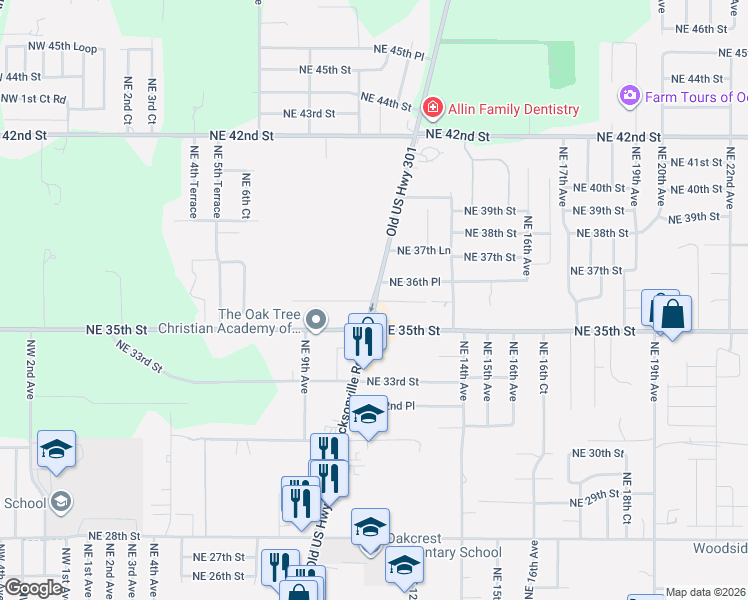 map of restaurants, bars, coffee shops, grocery stores, and more near 3601 NE Jacksonville Rd in Ocala