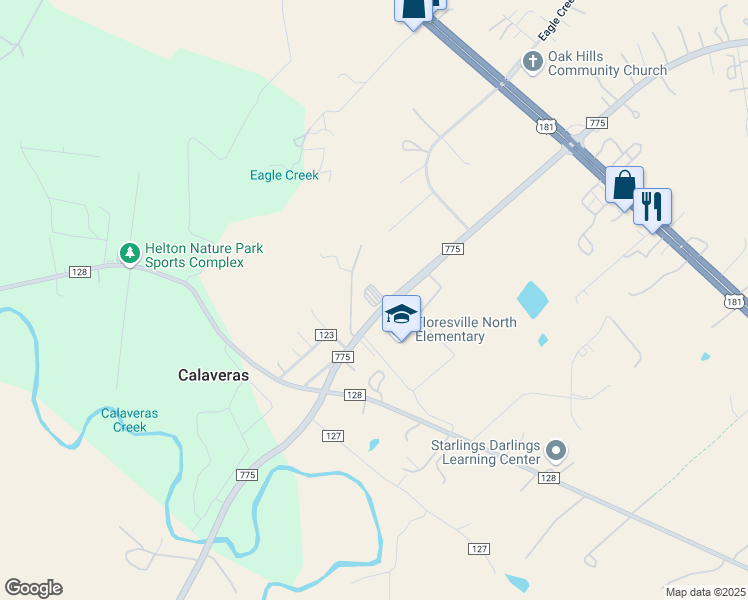 map of restaurants, bars, coffee shops, grocery stores, and more near 14908 Farm to Market 775 in Floresville