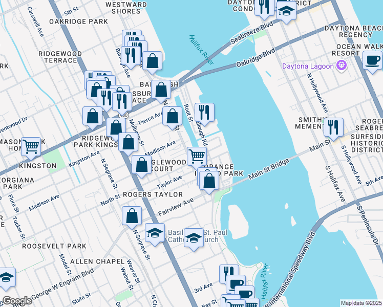 map of restaurants, bars, coffee shops, grocery stores, and more near 619 North Beach Street in Daytona Beach