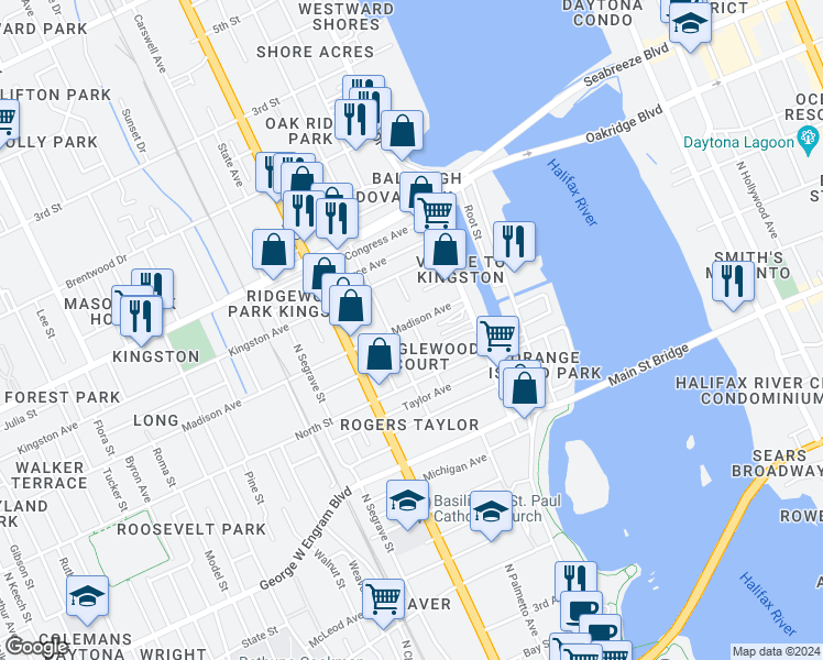 map of restaurants, bars, coffee shops, grocery stores, and more near 153 Madison Avenue in Daytona Beach
