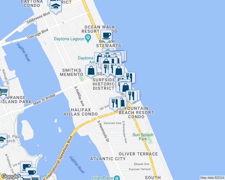map of restaurants, bars, coffee shops, grocery stores, and more near 108 South Atlantic Avenue in Daytona Beach