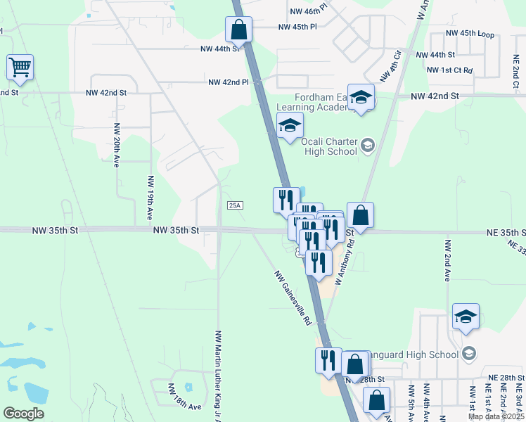 map of restaurants, bars, coffee shops, grocery stores, and more near 3700 North US Highway 441 in Ocala