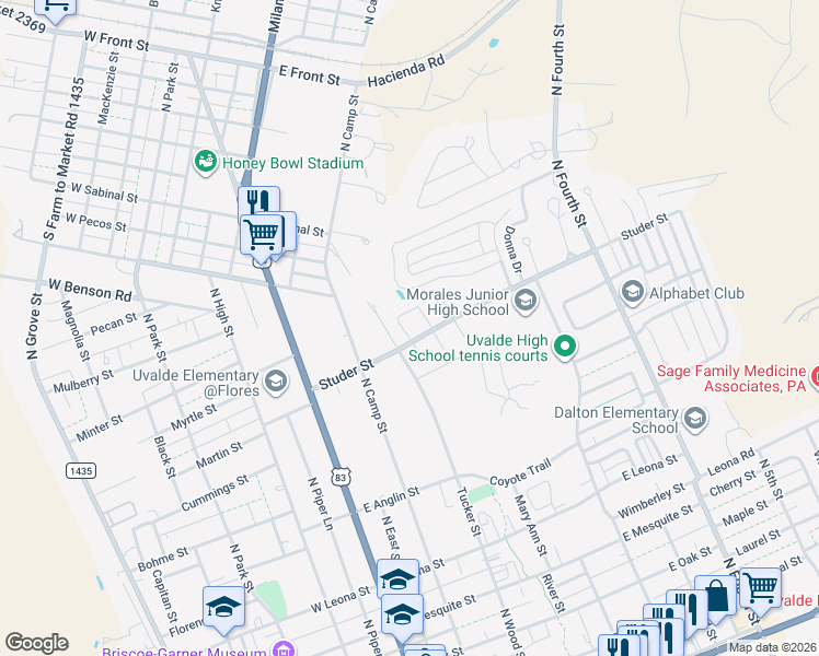 map of restaurants, bars, coffee shops, grocery stores, and more near 24 Rio Seco in Uvalde