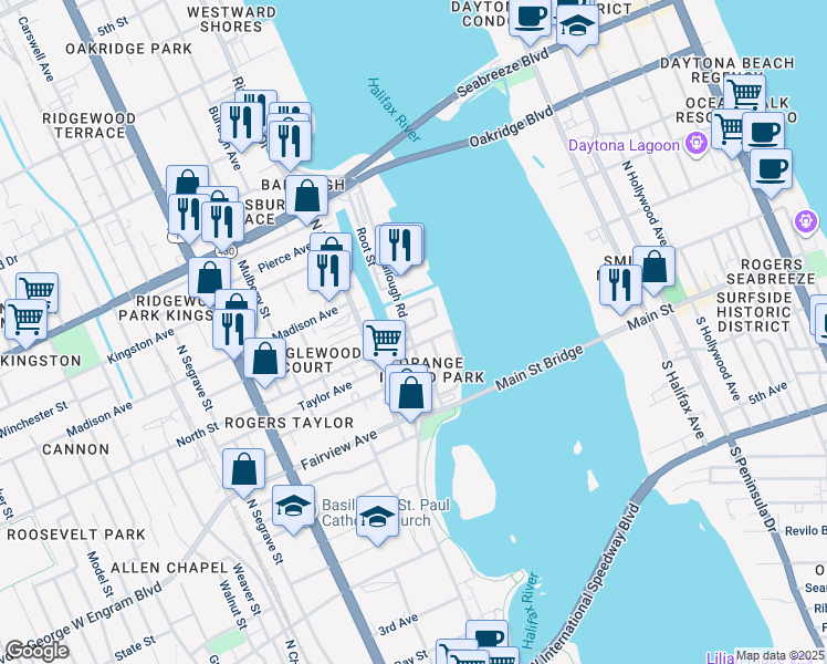 map of restaurants, bars, coffee shops, grocery stores, and more near 211 Lexington Drive in Daytona Beach
