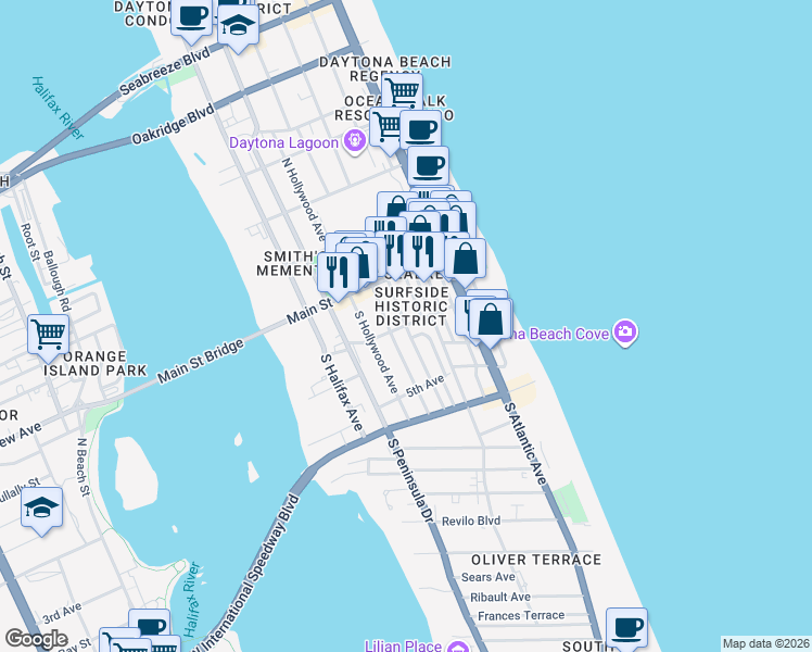 map of restaurants, bars, coffee shops, grocery stores, and more near Harvey Avenue in Daytona Beach