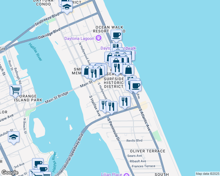 map of restaurants, bars, coffee shops, grocery stores, and more near 37 South Oleander Avenue in Daytona Beach