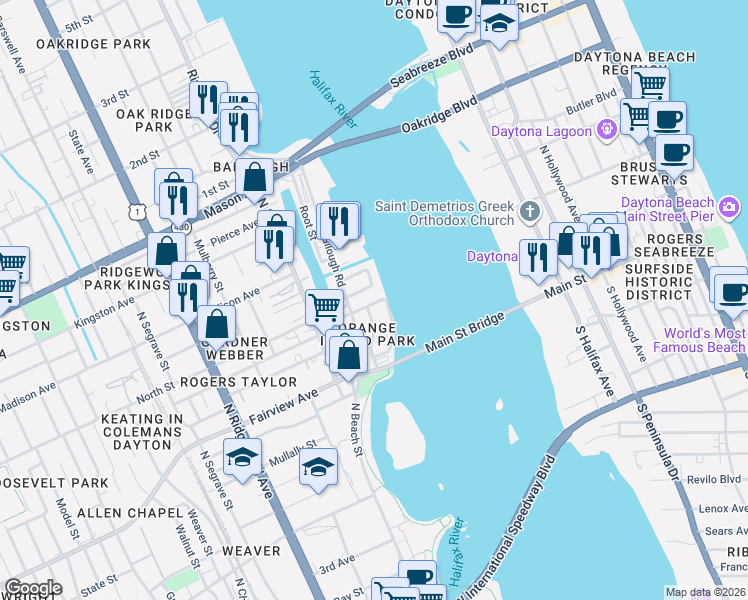 map of restaurants, bars, coffee shops, grocery stores, and more near 240 Anita Avenue in Daytona Beach