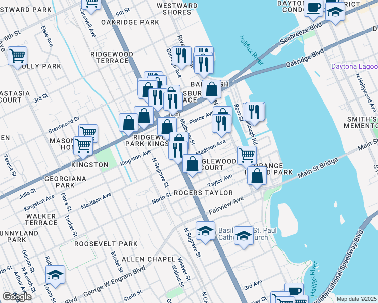 map of restaurants, bars, coffee shops, grocery stores, and more near 720 Mulberry Street in Daytona Beach