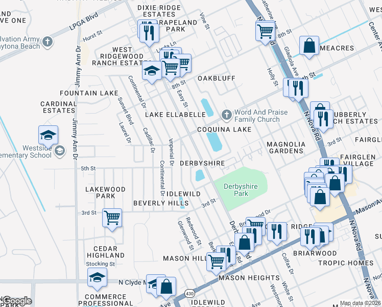 map of restaurants, bars, coffee shops, grocery stores, and more near 885 Derbyshire Road in Daytona Beach