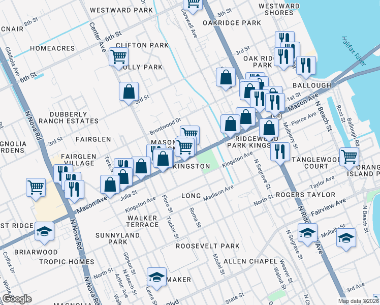 map of restaurants, bars, coffee shops, grocery stores, and more near 104 Palm Drive in Daytona Beach