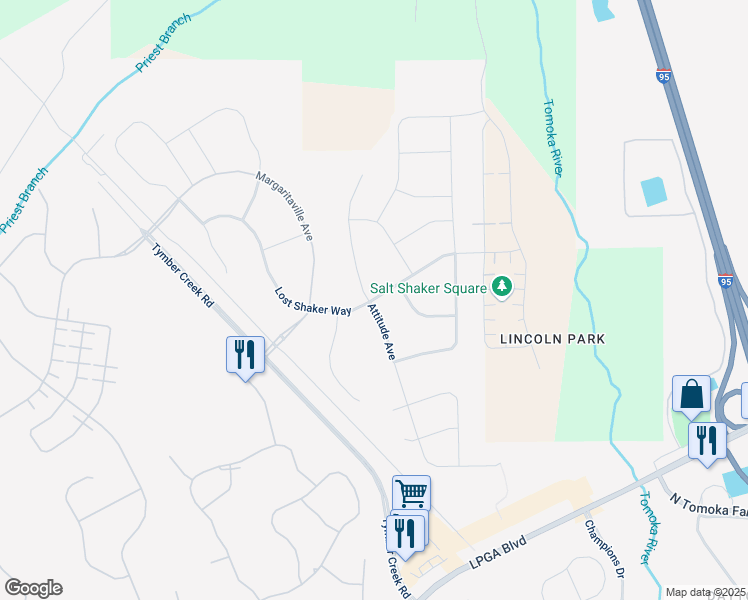 map of restaurants, bars, coffee shops, grocery stores, and more near 581 Lost Shaker Way in Daytona Beach