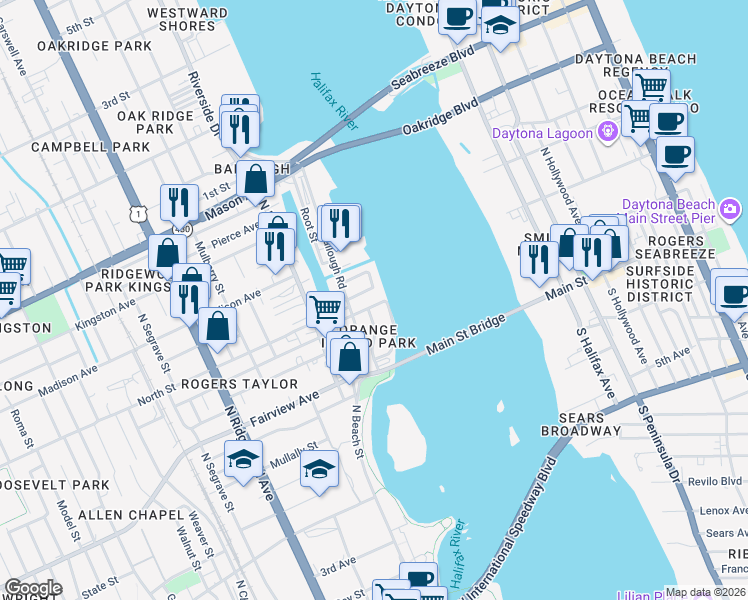 map of restaurants, bars, coffee shops, grocery stores, and more near 240 Anita Avenue in Daytona Beach