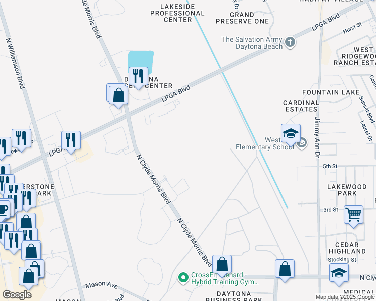 map of restaurants, bars, coffee shops, grocery stores, and more near 1245 North Clyde Morris Boulevard in Daytona Beach