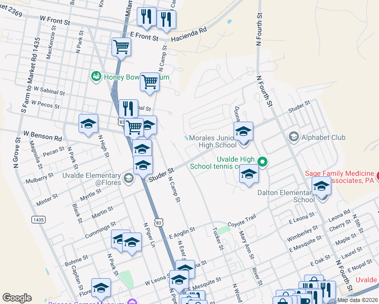map of restaurants, bars, coffee shops, grocery stores, and more near 24 Rio Seco in Uvalde
