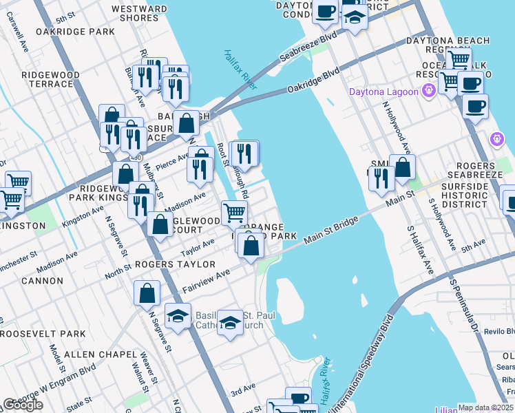map of restaurants, bars, coffee shops, grocery stores, and more near 211 Lexington Drive in Daytona Beach