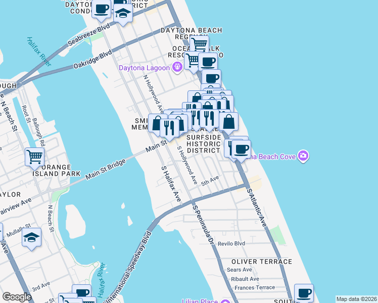 map of restaurants, bars, coffee shops, grocery stores, and more near 37 South Oleander Avenue in Daytona Beach