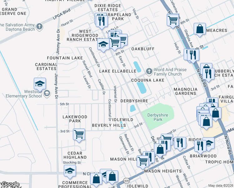 map of restaurants, bars, coffee shops, grocery stores, and more near 1129 Berkshire Road in Daytona Beach