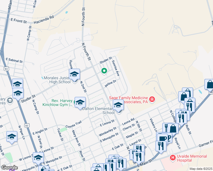map of restaurants, bars, coffee shops, grocery stores, and more near 805 Skylane Drive South in Uvalde