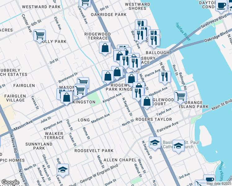 map of restaurants, bars, coffee shops, grocery stores, and more near 800 North Segrave Street in Daytona Beach
