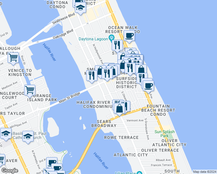 map of restaurants, bars, coffee shops, grocery stores, and more near 23 South Peninsula Drive in Daytona Beach